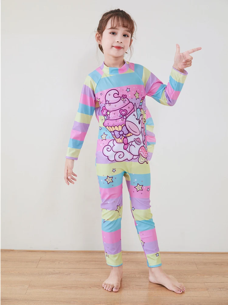 One-Piece Children Swimsuits Kid Swimwear Girls Long Sleeve Sun Protection with swimming caps 2Pcs Set 3 4 5 6 7 8 9 10 11 Years