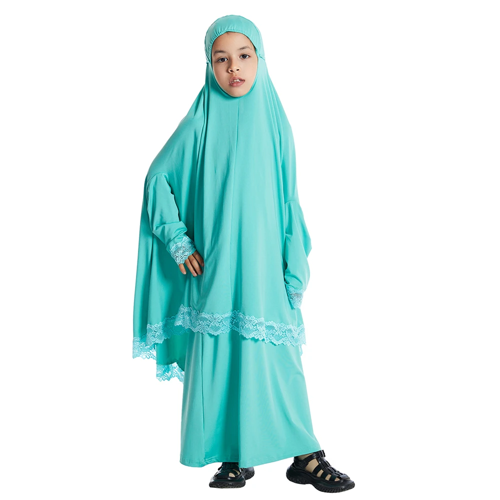 2pc Muslim Kids Girls Hijab Dress Overhead Eid Ramadan Khimar Skirt Set Prayer Garment Islam Burqa Abaya Robe Kaftan Hooded Gown