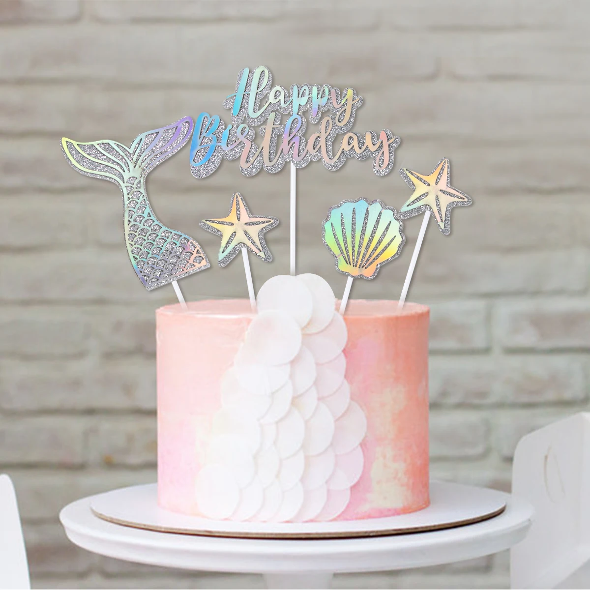 Birthday Party Mermaid Theme Cake Topper Set with Shells Mermaid Tail Kids Girls Birthday Party DIY Cupcake Supplies