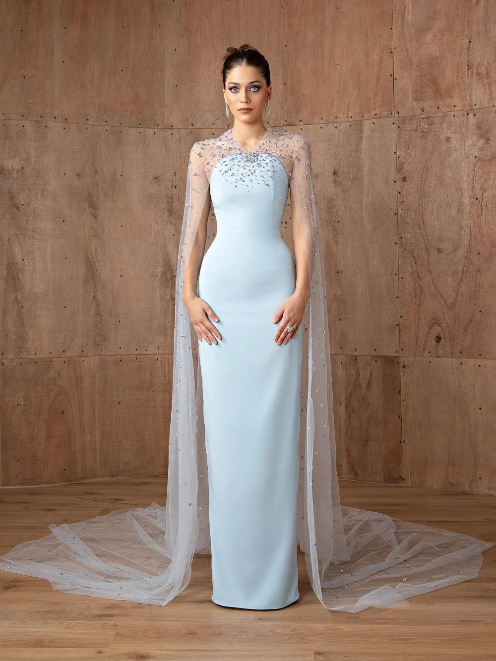 

GraceProm Glamorous Sheer Cape Embellished Mermaid Mother Of The Bride Dress Formal Shiny Tulle Floor-Length Chic Party Gown