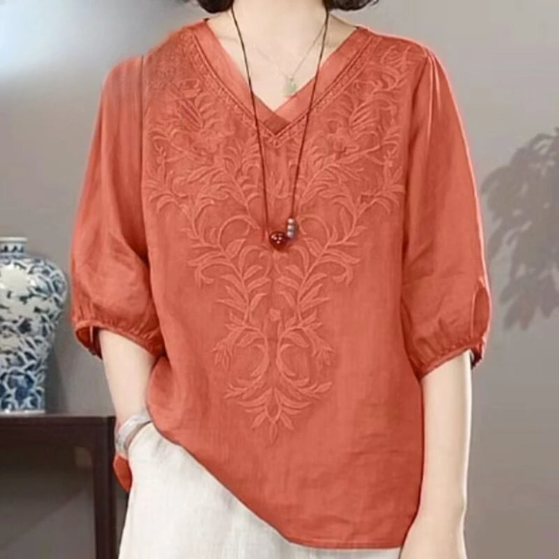 

Top Grade Summertime Retro Style Women's Dress Tencel Hemp Short Sleeve Ms. Loose Large Size Embroidery Thin Blouse V-neck Tops