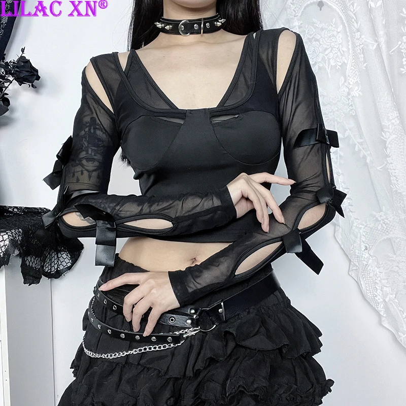 Goth Y2K Black Lace Mesh Long Sleeve Corset Crop Tops Sexy Aesthetic Bowknot Hollow Out Fashion Women T-Shirts Tees Streetwear