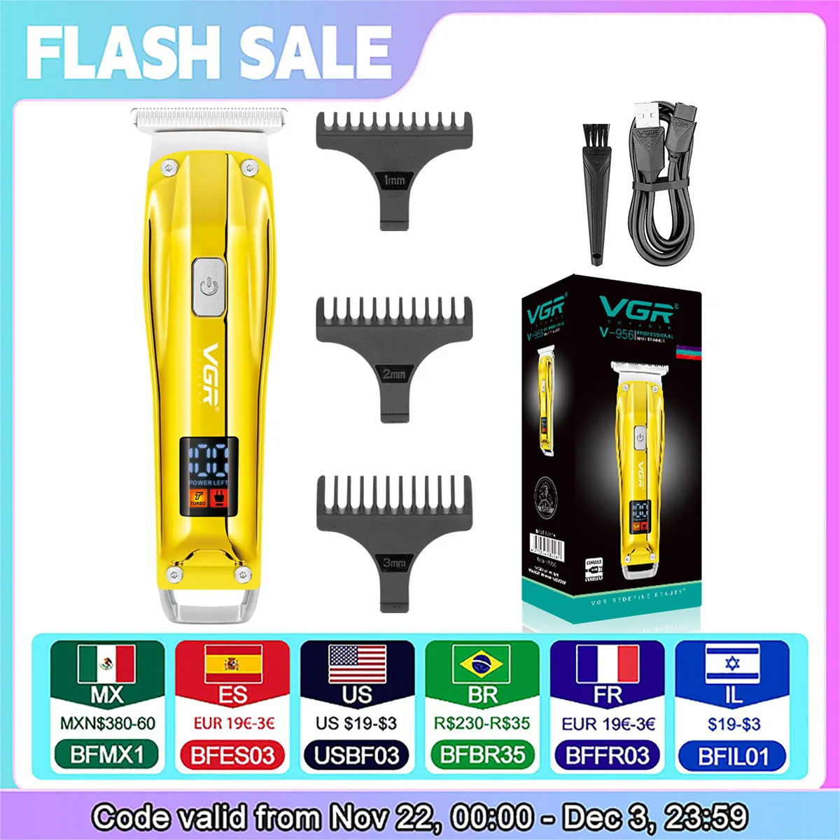 VGR Hair Clipper Electric Hair Cutting Machine Cordless Haircut Machine Rechargeable Hair Trimmer Portable Trimmer for Men V-956