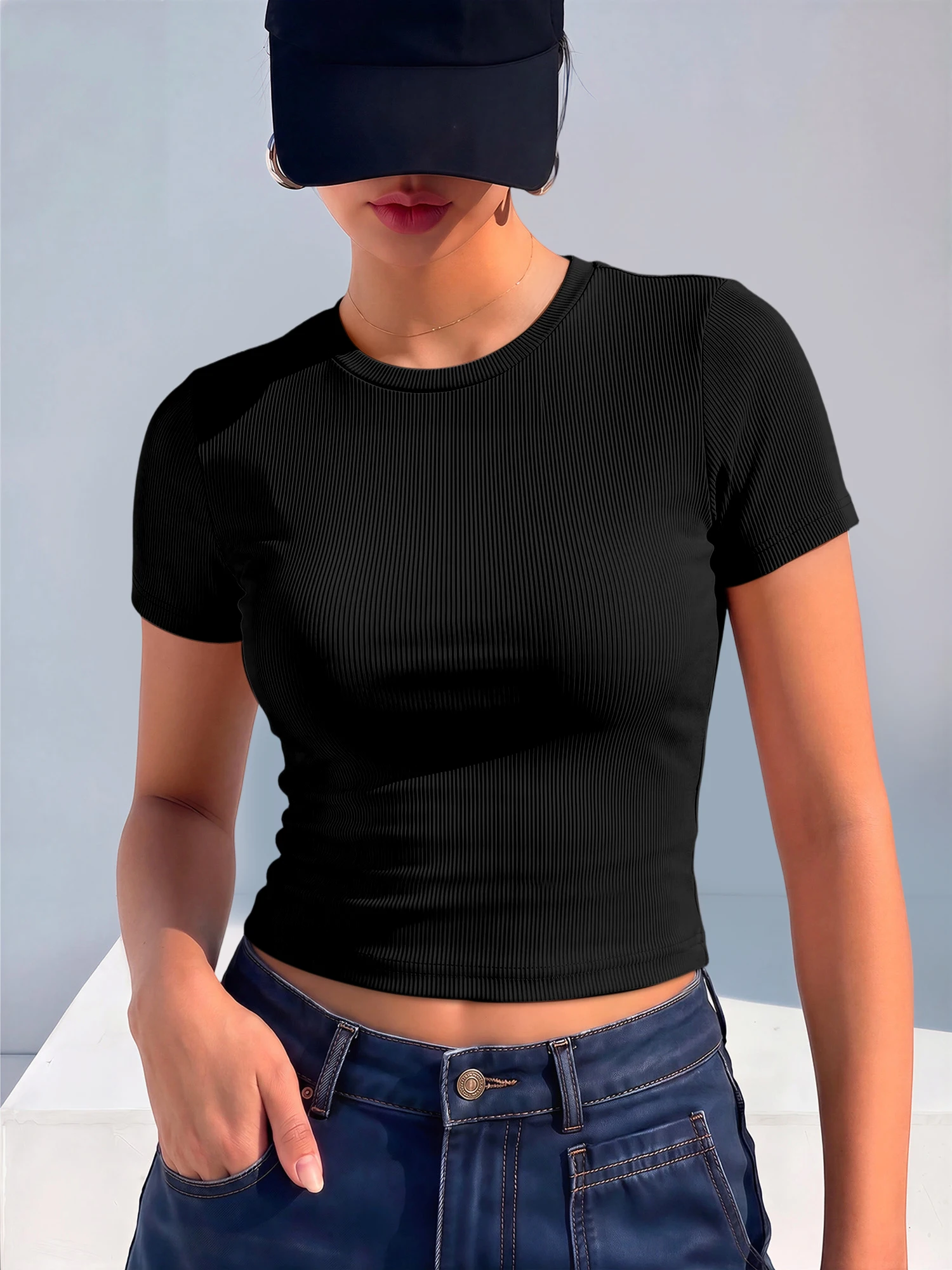 Y2K Women Solid Color Ribbed Cropped Top Crew Neck Short Sleeve Stretch Slim Casual Workout T-shirts