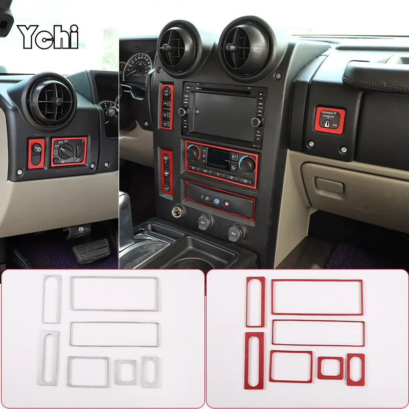 

Aluminum Alloy Silver/Red For Hummer H2 2003-2007 Car Center Control Button Decorative Frame Sticker Car Interior Accessories