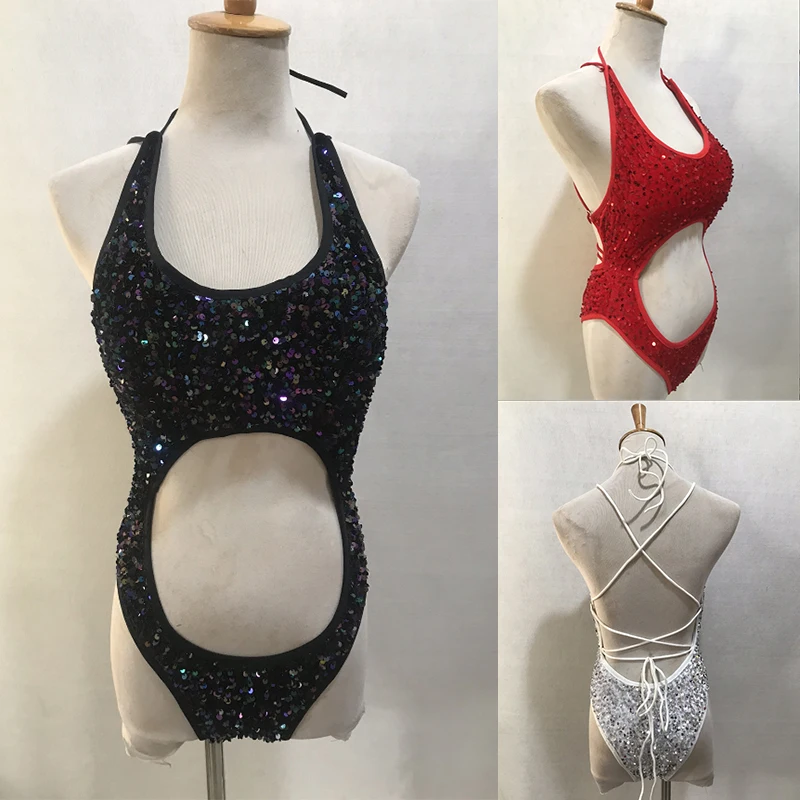 

New Sequins Bodysuit Sexy Hollow Out Pole Dance Costume Women Backless Party Rave Outfit Nightclub Gogo Dance Clothing VDB7911