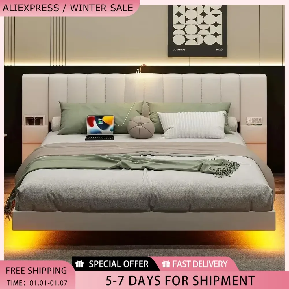 Floating Bed Frame Full Size with Wide Padded Headboard & LED Lights & Charging Station, Full Upholstered Platform, Bed Frame