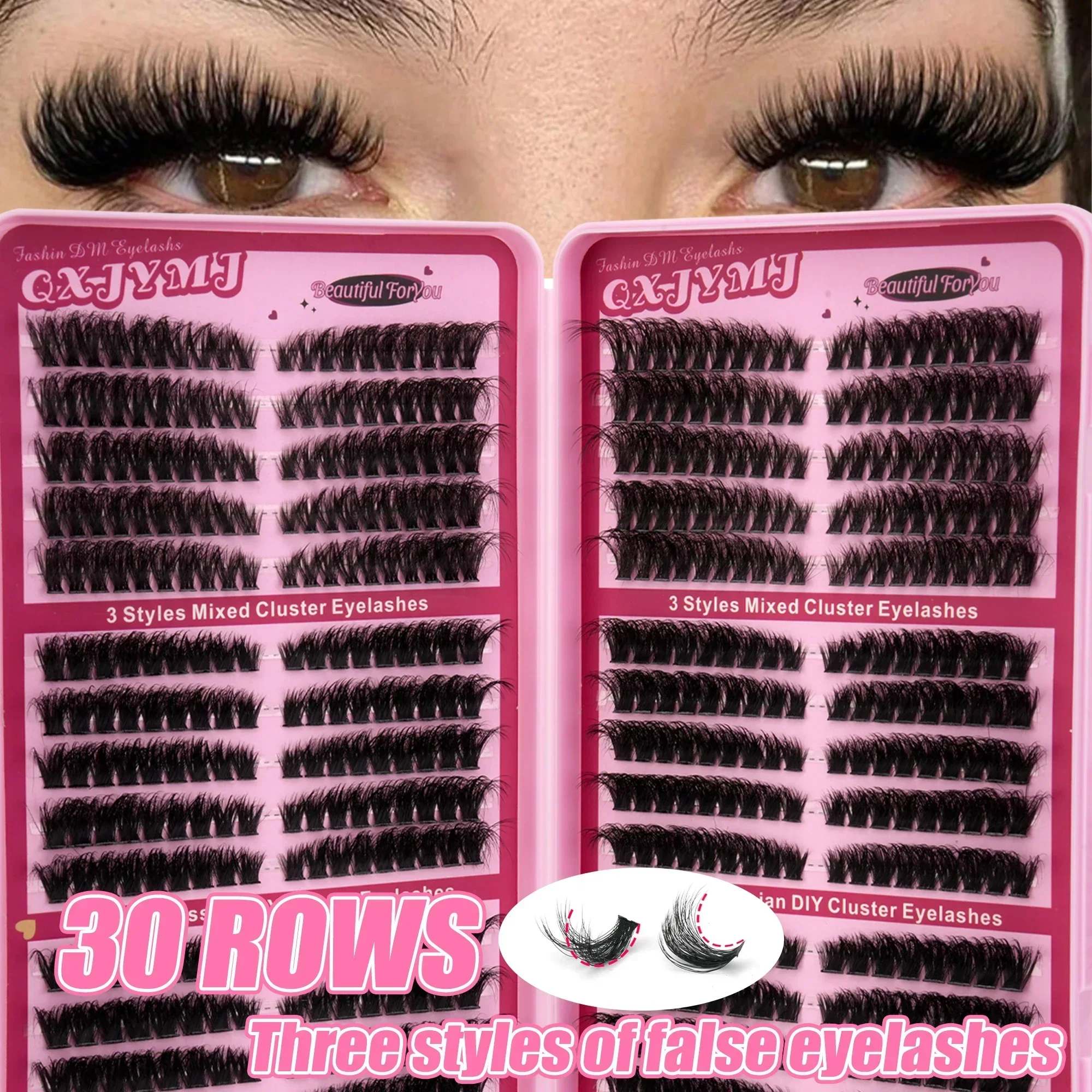 30 Rows Mixed Cluster Lashes 3 Styles D Curl Wispy Individual False Eyelashes Fluffy DIY Eyelash Extensions For Women Eye Makeup