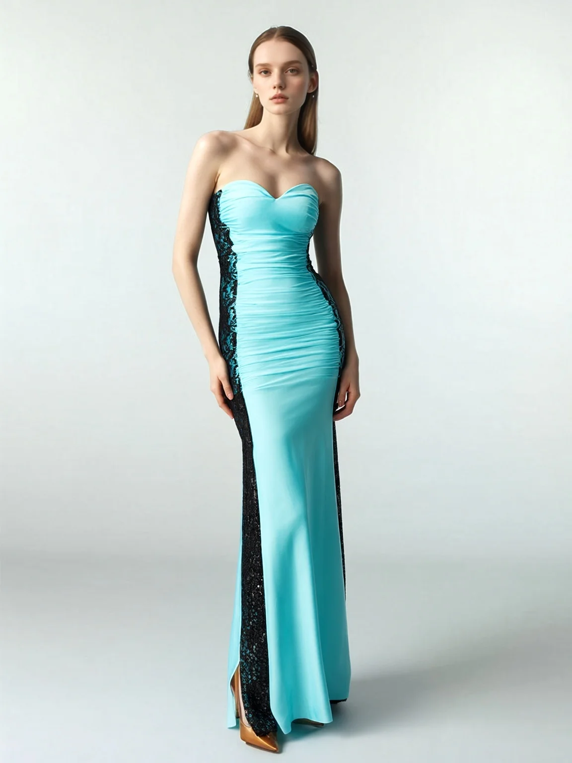 

Women's Elegant Strapless Bodycon Ruched Ruffle High Split Long Formal Evening Dress