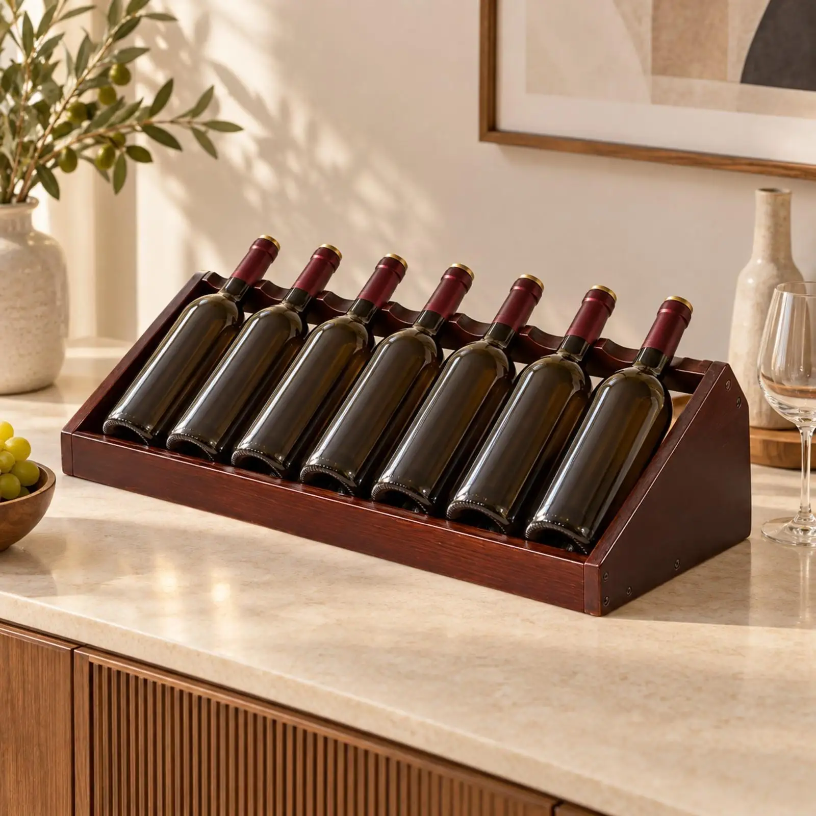 Countertop Wooden Vino Rack Freestanding Tabletop Wine Storage Holder with Individual Bottle Slots for Organized Home Bar