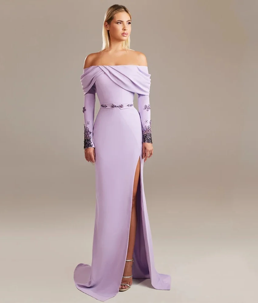 

MCDV Customized Sexy Jersey Mermaid Off the Shoulder Sequined Crystal Beading Evening Dress Delicate Boat Neck Prom Gowns