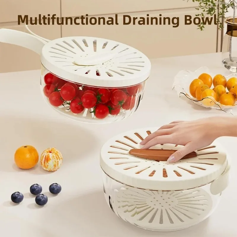 Multifunctional Draining Bowl Drainage Basket Funnel, Bilayer Collapsible Fruit Vegetable Washing Basket with Cover and Handle