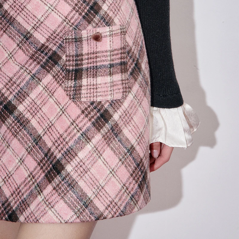 ELFSACK  Winter Casual Plaid Wool Blend Color Block A-Line Skirt For Woman