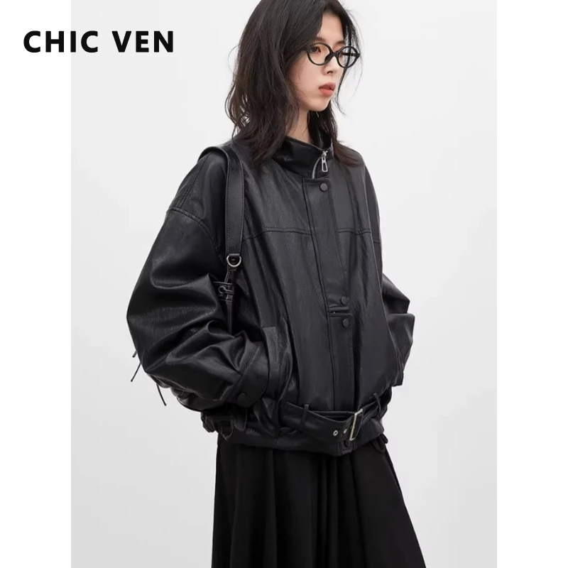 

CHIC VEN New Women Short Coat Solid Loose Casual Stand Up Collar Ladies Motorcycle PU Jacket for Girl Spring Autumn 2026 Clothes