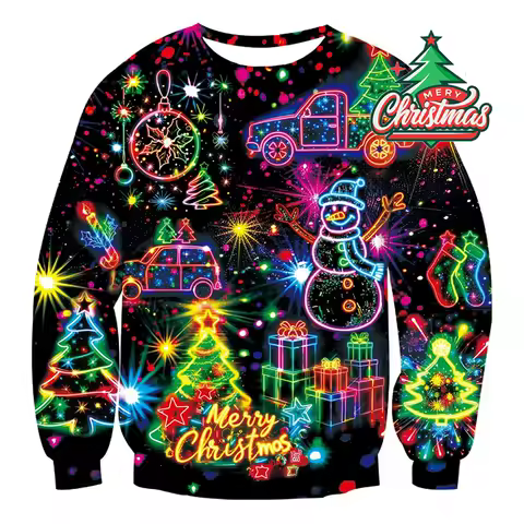 Novel Cool Party Christmas Ugly Sweater For Men Unique Neon Print Santa Snowman Animal Pullover Sweatshirt Fashion Festival Top