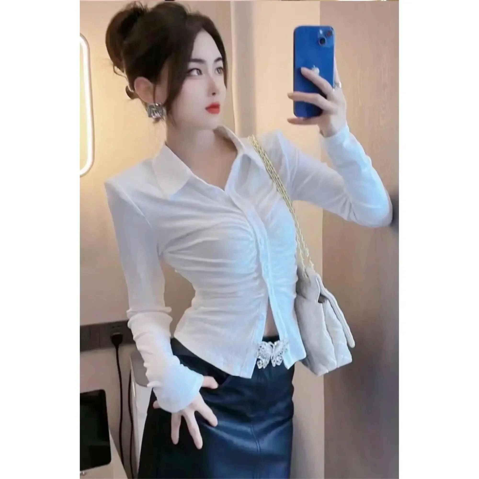 Sexy Pleated Design Waist Shirt Women\'s Blouse 2023 Vintage Clothes for Women Tops Shirts Blouses