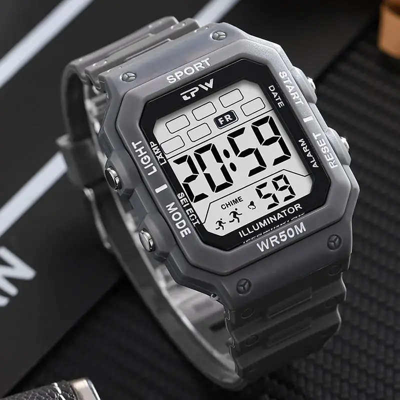 Outdoor Sports Trend Square Watch Large Electronic Screen Display Digital Wristwatch 50M Waterproof Shock-Resistant LED Clock
