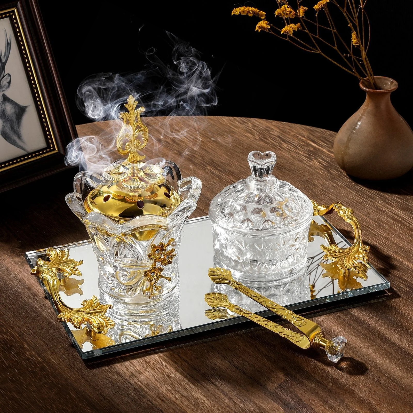 

Golden tray aromatherapy furnace three-piece set Arabic ornaments glass incense burner set Middle East bedroom decorations