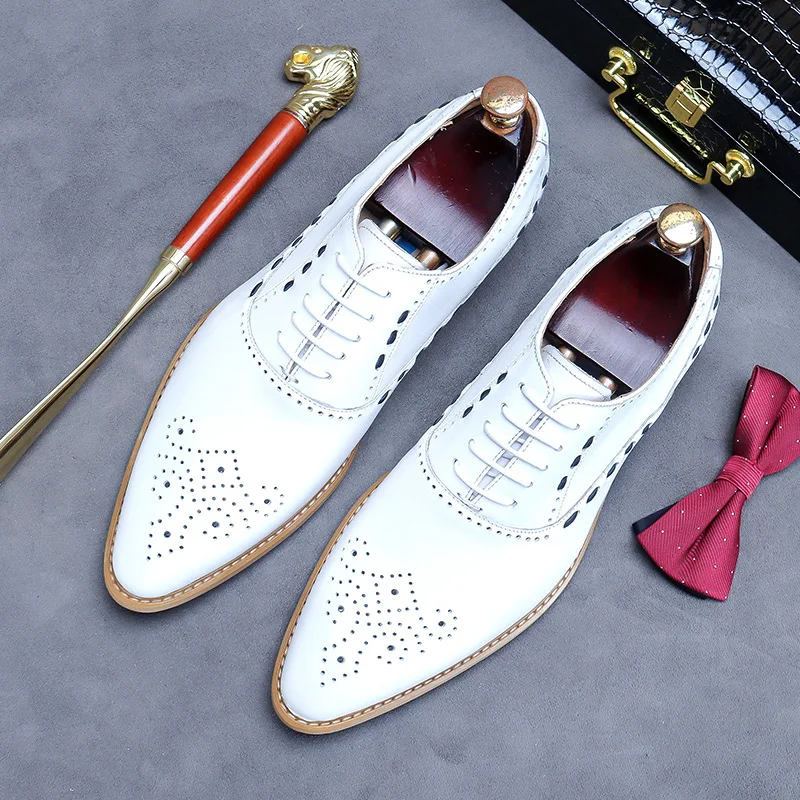 New Style Stitching White Genuine Leather Oxford Shoes British First Layer Cowhide Formal Shoes Men's Casual Shoes Wedding Shoes