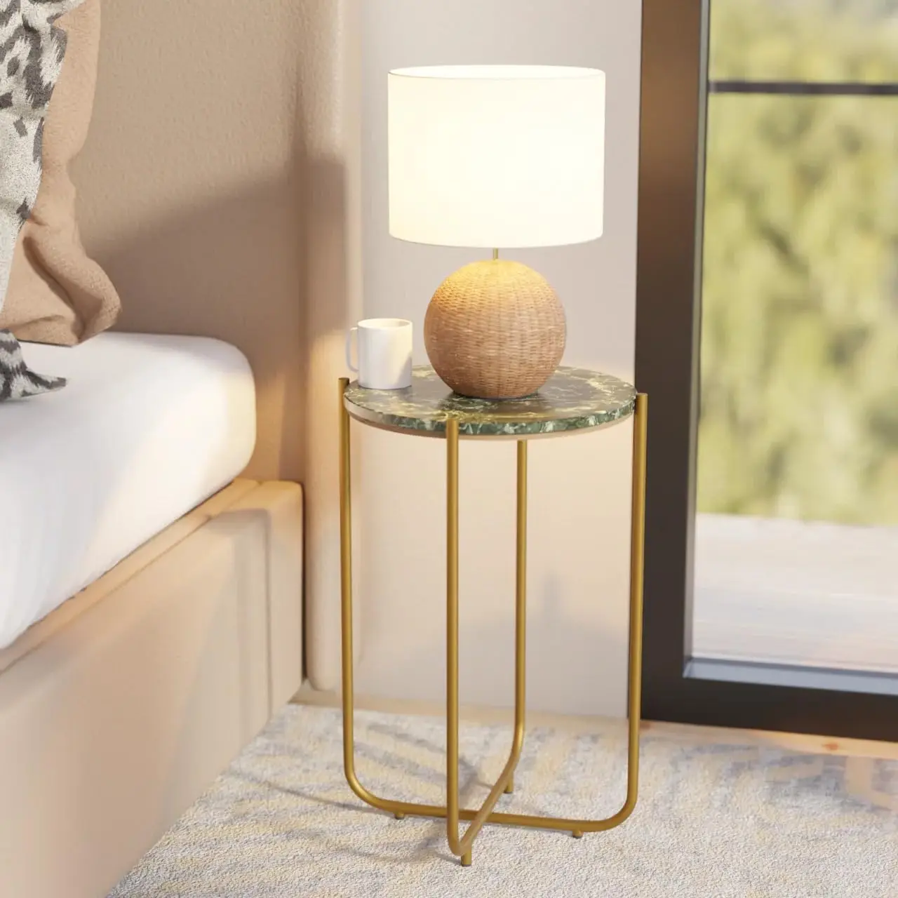 

Urdhva End Table – 24" Tall Round Side Table with Real Green Marble Top & Gold Metal Frame | Luxury Accent Table or Plant Stand
