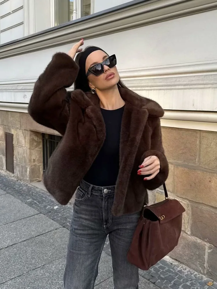 New Women's Casual Fur Jacket Fashion Turn-down Collar Full Sleeve Short Coat Warm Soft Faux Fur Croped Coat Retro Outerwear