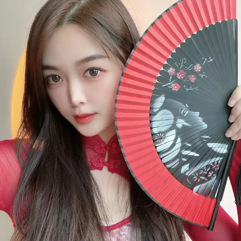 العتيقة النمط الصيني يده مروحة قابلة للطي السيدات السود أداء الدعائم للرقص تأثيري ديكور منزلي للزفاف حلية الطرف