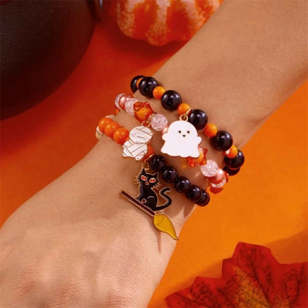 3pcs Gothic Style Pumpkin Pendant Bracelet Zinc Alloy Black Cat Halloween Hand Chain Set Haunted House Ghost