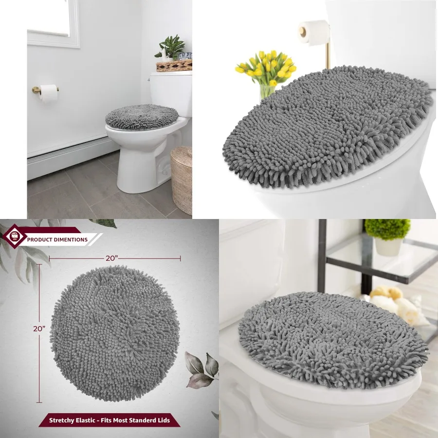 

Soft Plush Chenille Microfiber Toilet Lid Cover with Stretch Fit Elastic Band for Bathroom NonSlip Design Machine Washable and