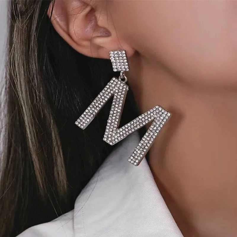 Fashion Dangle Earring Full Crystal M Letter Rhinestone Drop Earrings For Women Female Wedding Daily Jewelry Pendant Gifts