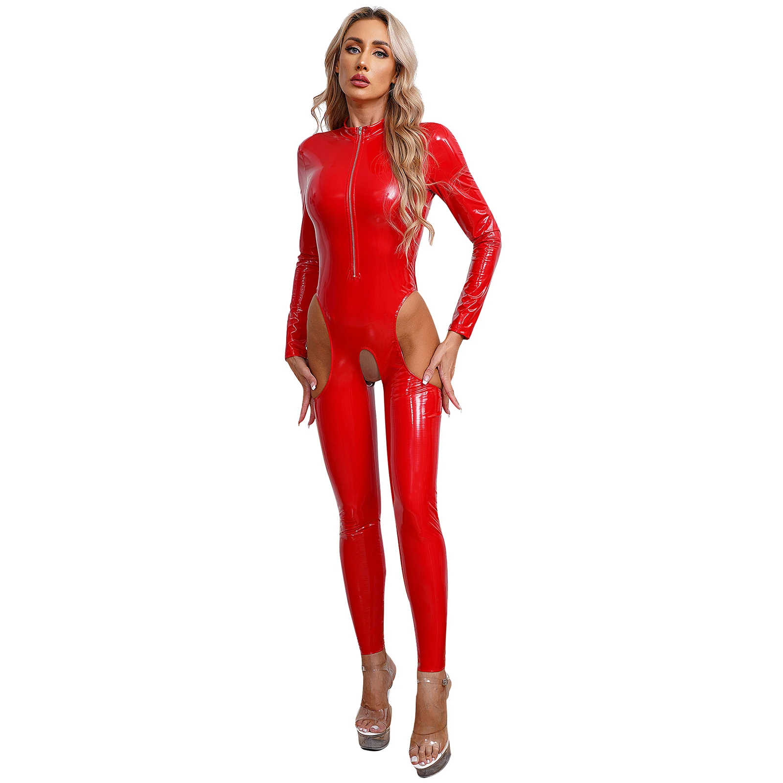 Women Sexy Open Crotch Wet Look Jumpsuit Faux Leather Full Body Suit Latex Catsuit Long Sleeve Zipper Jersey One-Piece Clubwear