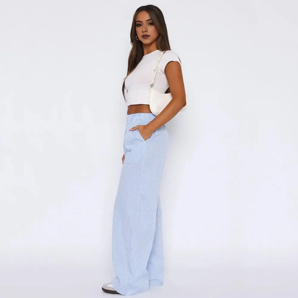 

Straight Wide Leg Casual Trousers Elastic High Waist Vertical Striped Print Women's Casual Pants with Pockets for Streetwear