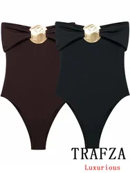 TRAFZA Vintage Sexy Casual Chic Women Swimsuit Solid Sequined Slash Neck Sleeveless Swimsuit Fashion 2024 Autumn Swimsuit