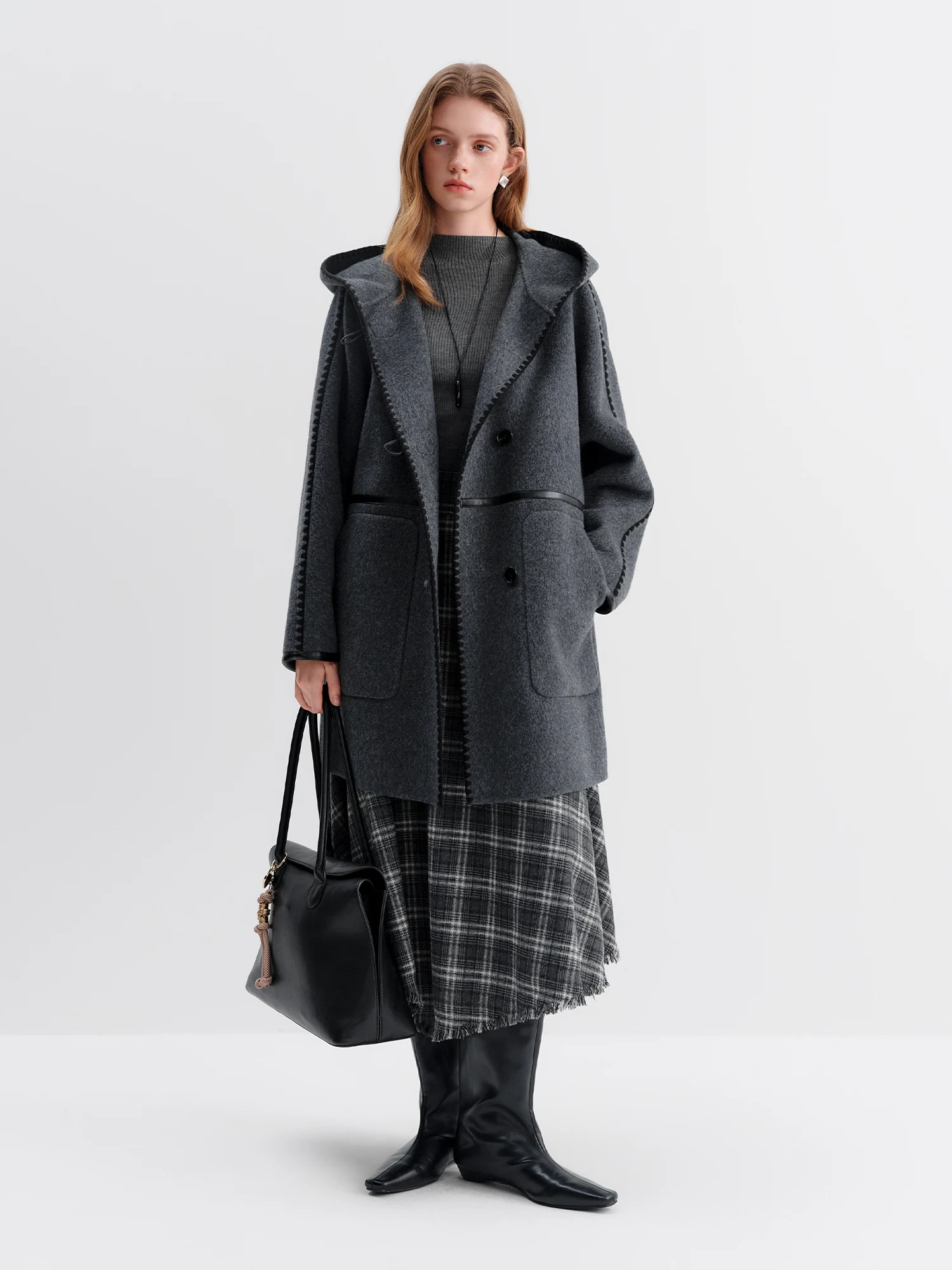 FSLE Gray Color Block Shell Embroidery Hooded Oversized Tweed Coat Women Flattering Silhouette Winter Outerwear 2025 New Arrival
