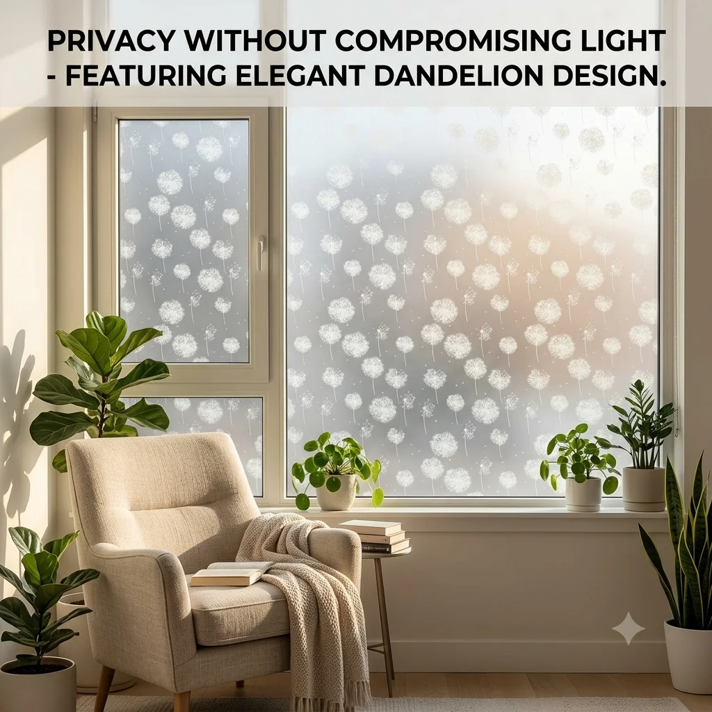 Dandelion Pattern Frosted Self-Adhesive Window Film Privacy Glass Sticker Anti-Glare Light Filter Removable Decal for Home Decor