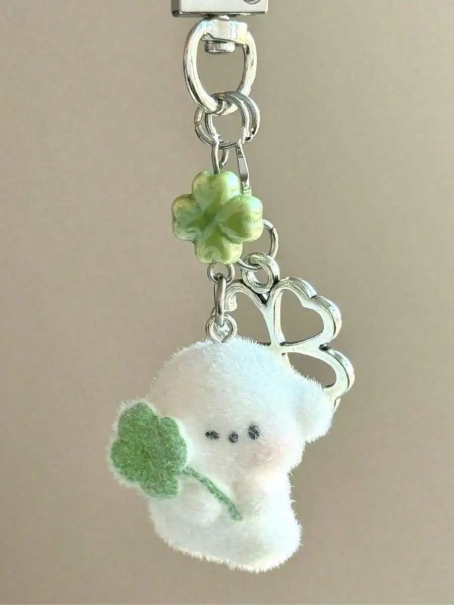 

Flocked Lucky Dog With Four Leaf Clover Charm Keychain For Bags Keys Earphones