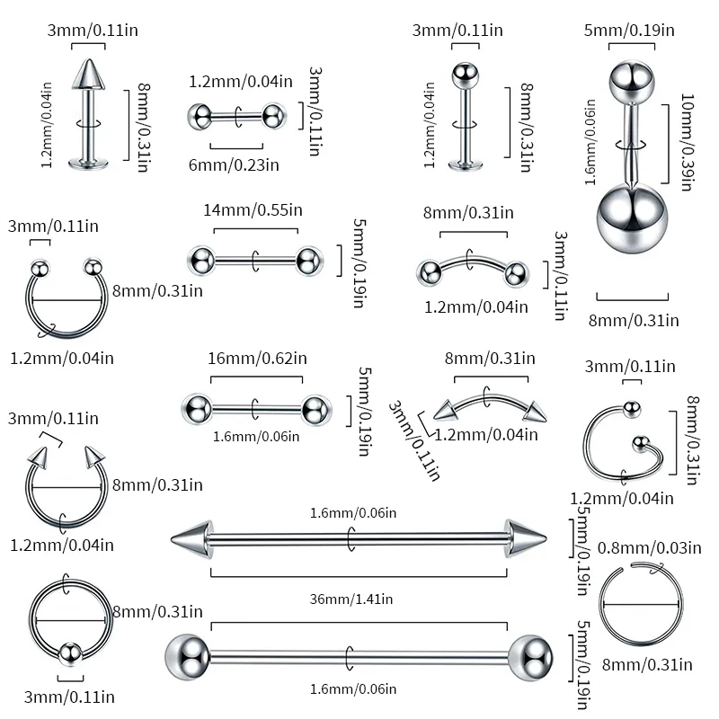 

150PC Surgical Steel Nose Ring Tongue Bar Lot Body Piercing Jewelry Lot Bulk Eyebrow Labret Piercing Set Horseshoe Ring Lot Pack