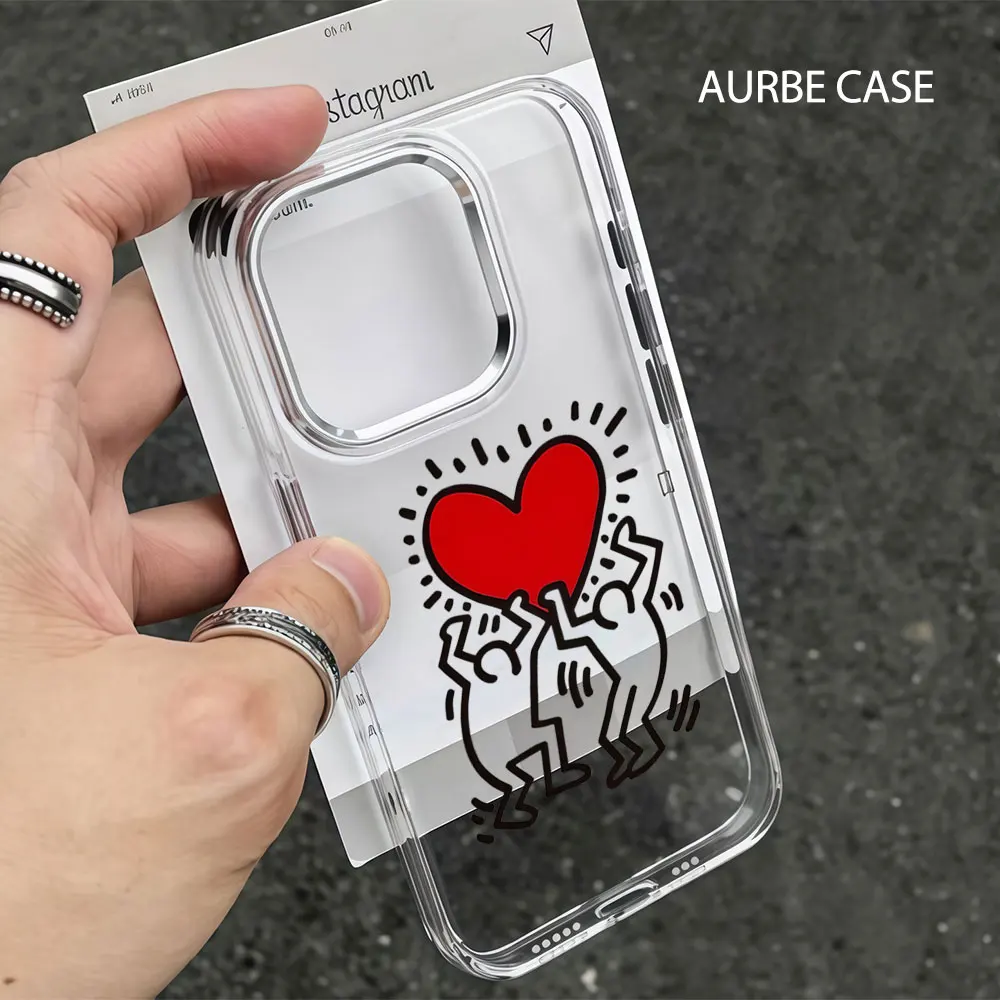 Funda Aurbe para iPhone 17 16 15 14 13 12 11 Pro Max 16E, Marco Plateado para la Lente, Carcasa Transparente con Diseño de Keith Haring