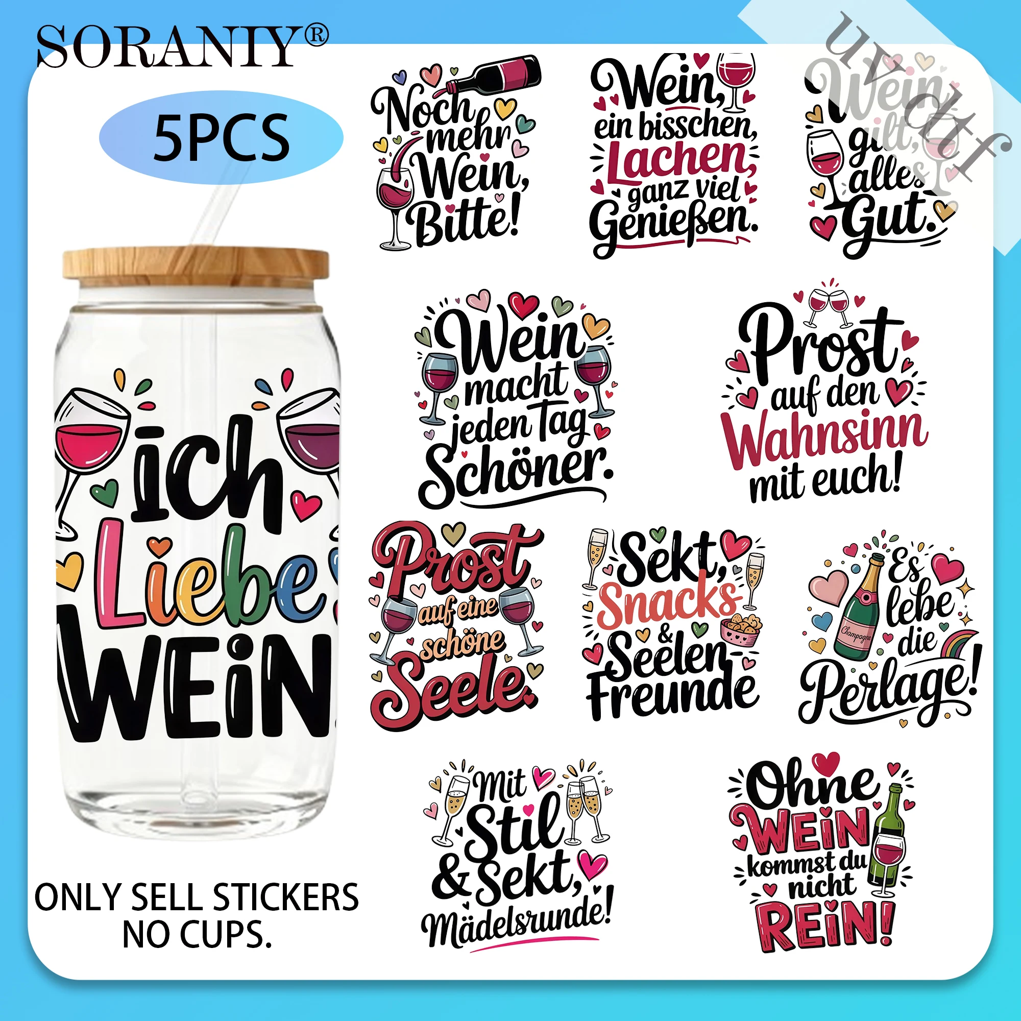 UV DTF 16OZ DIY Transfer Stickers - 5 Pieces/Set Wine Quotes Theme 16 Oz Glass Jar Packaging Transfer Decorative Paper UV DTF Hi