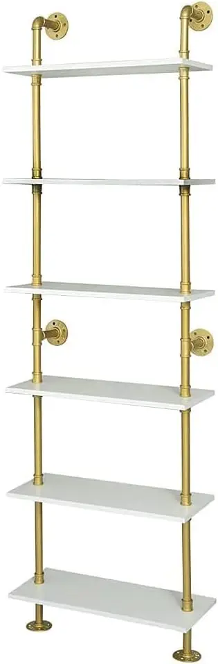 Industrial Gold Bookshelf-6 Tier Wall Mounted Ladder Bookshelf, Rustic Gold Storage Book Shelves Display Bookcases