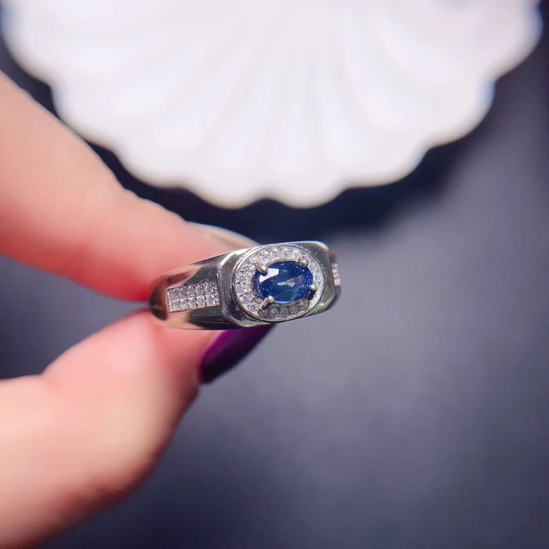 Classic Sapphire Men Ring 5mm*7mm 0.7ct Natural Sapphire Jewelry for Men 18K Gold Plated Band Ring - view 6