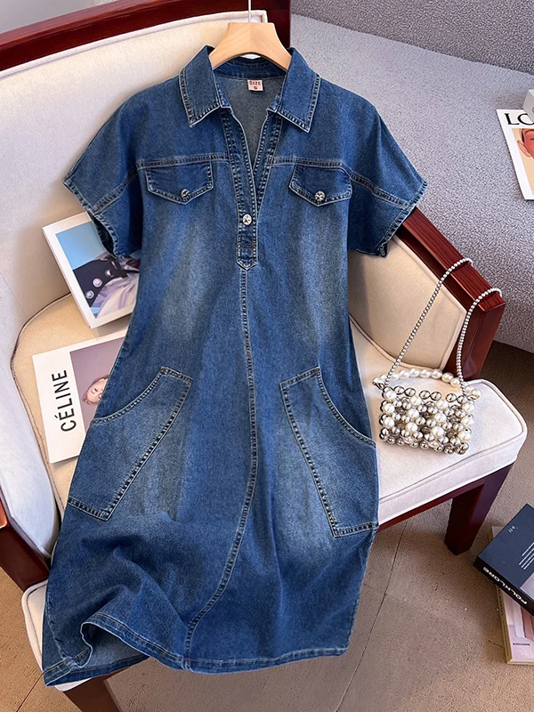 

Elegant Unique Collar Slim Fit Thin Denim Dress Short Sleeve Women's Fashionable Commute Korean Style Loose Fit Summer D...