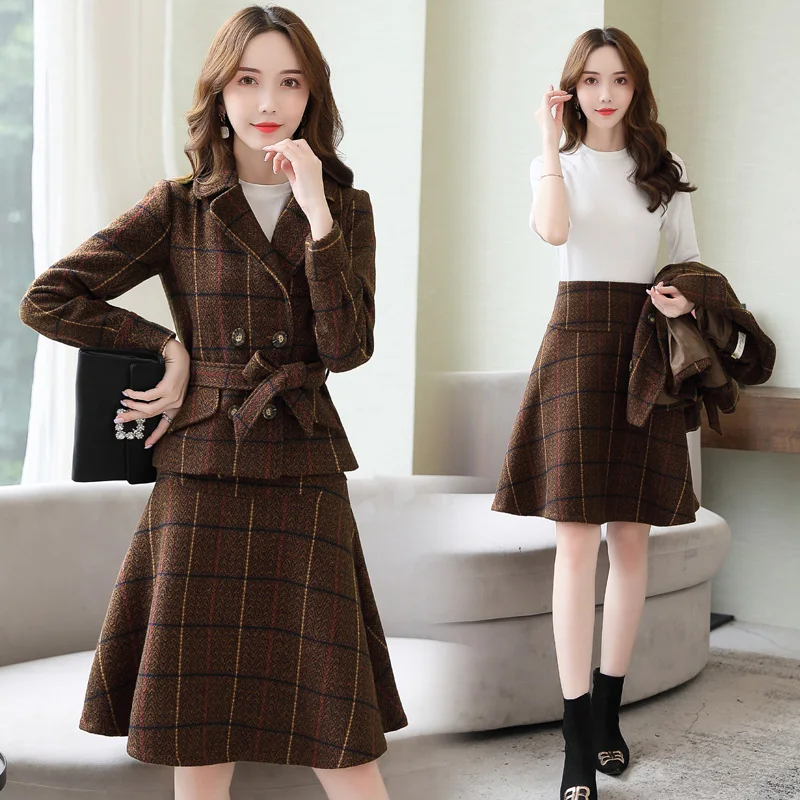 

2026 Fashion Plaid Tweed Woolen Two-piece Suit Women Casual Sets Autumn Winter Sashes Short Coat A-line Skirts Slim 2-piece Sets