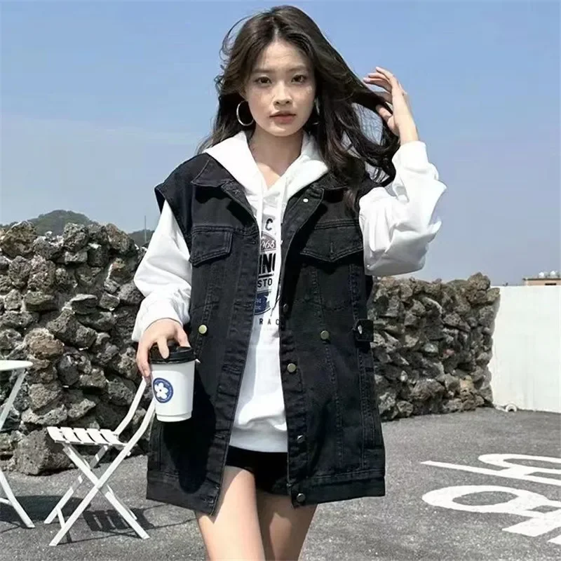 Single-Breasted Denim Vest Jacket Women 2025Spring Summer Large Size Cowboy Waistcoat Outwear Fashion Female Sleeveless Coat Top