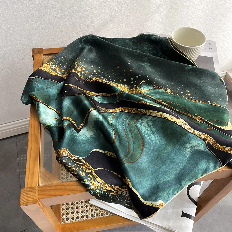 New Green Aurora Black Gilt Stitching Contrast Color Women Real Silk Twill Shawl 110cm Large Square Travel Dress Scarf 12MUMI