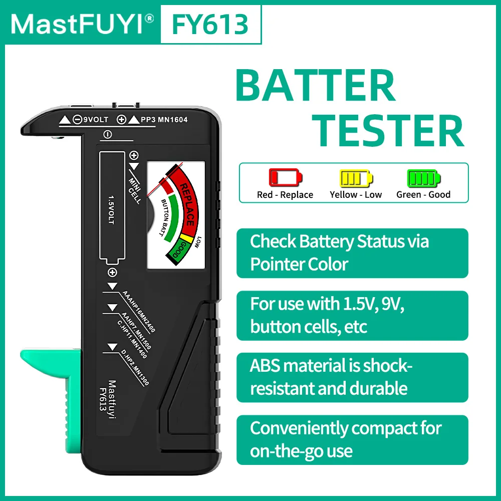 

MASTFUYI FY613 Battery Tester 9V 1.5V AAA Universal Coin Cell Battery Charge Voltage Tester Visual Pointer Advance Measurement