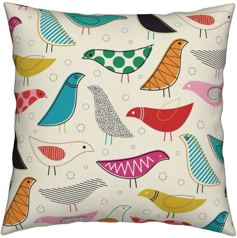 Creativebug Midcentury Modern Simple Lines Colorful Bird Flax Cotton Hidden Zipper Throw Pillow Covers 18x18 Inch (Two Sides)