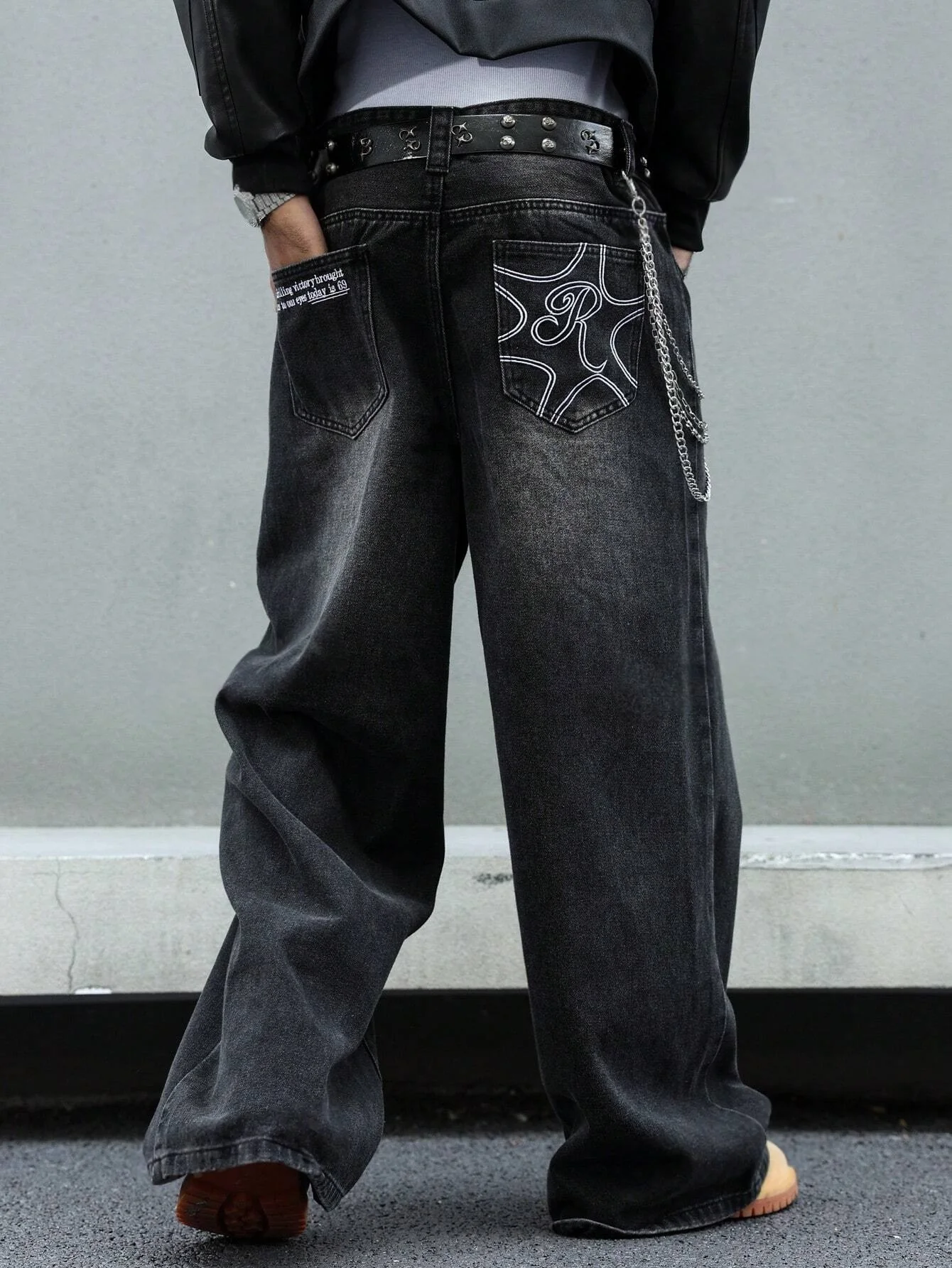 

Men's All-Season American Streetwear Black Washed Baggy Denim Pants