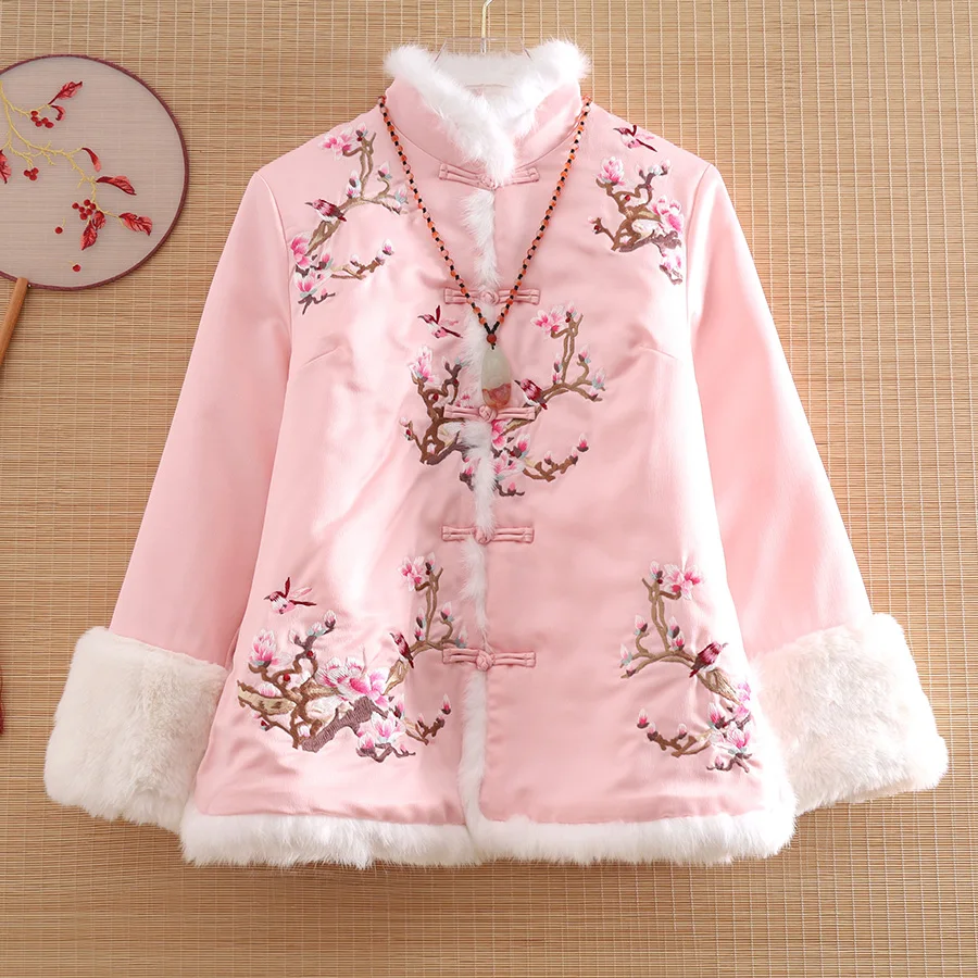 

High-end Autumn Winter Women Coat Top Retro Embroidery Magpie Plum Blossom Elegant Loose Lady Warm Jacket Coat Female S-XXL