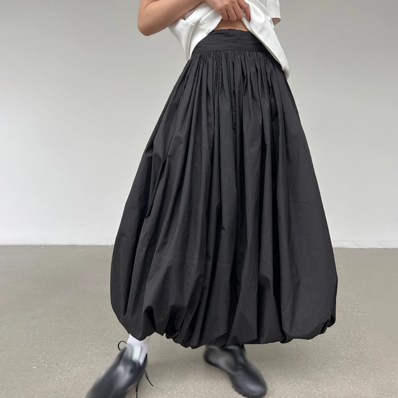 Pleated Skirt Women Elegant Solid Elastic Waist A-line Vintage Korean Fashion Loose Maxi Skirt Casual Streetwear 2024 New