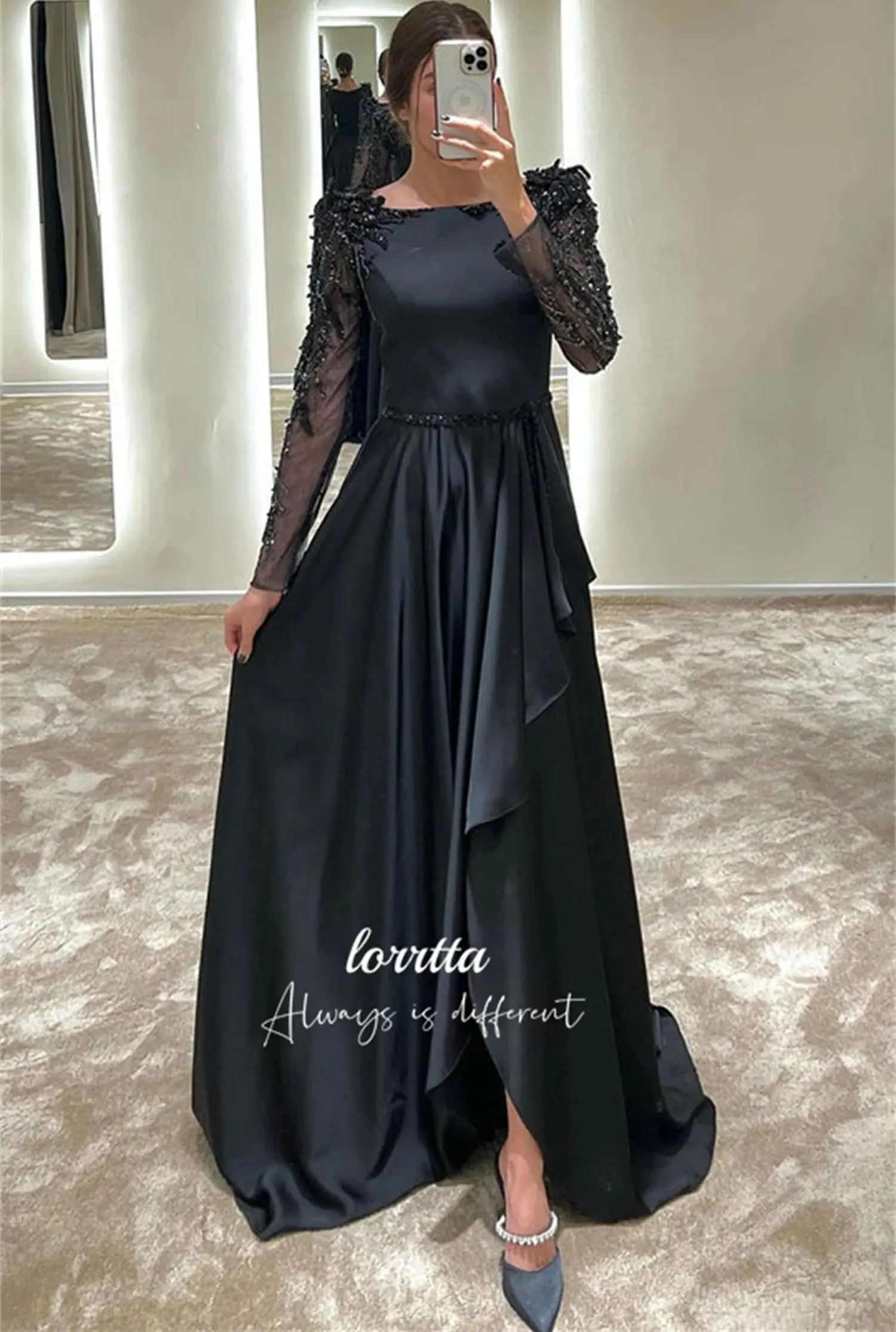 Luxuoso vestido de noite cetim preto elegante grânulo bordado decoração vestidos internacionais com mangas compridas formal personalizado